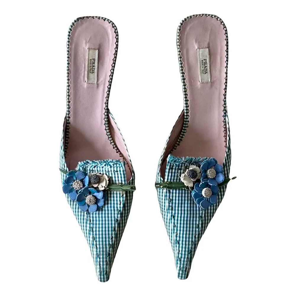 Prada Blue Gingham Pointed Toe Mule with Floral Applique